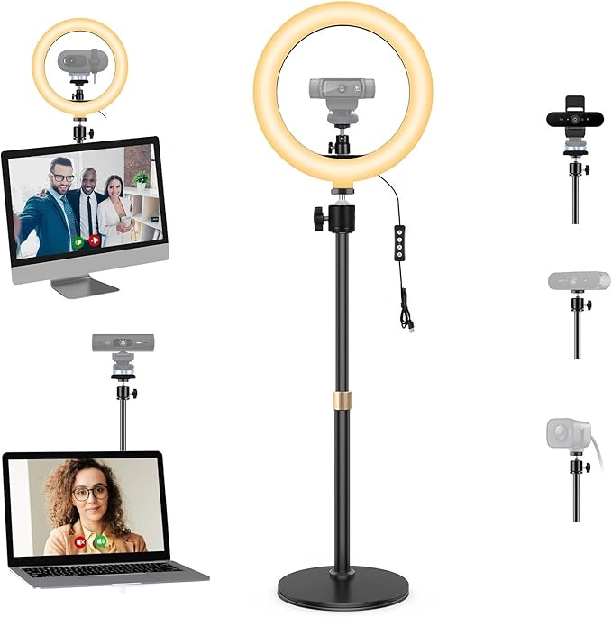 Magnetic Webcam Light with Stand,10 Inch Ring Light with Adjustable Desktop Mount Holder Compatible with Logitech C920 StreamCam C922 C930e C925e C615 Brio 501 301 101 4K C270 C310 webcams