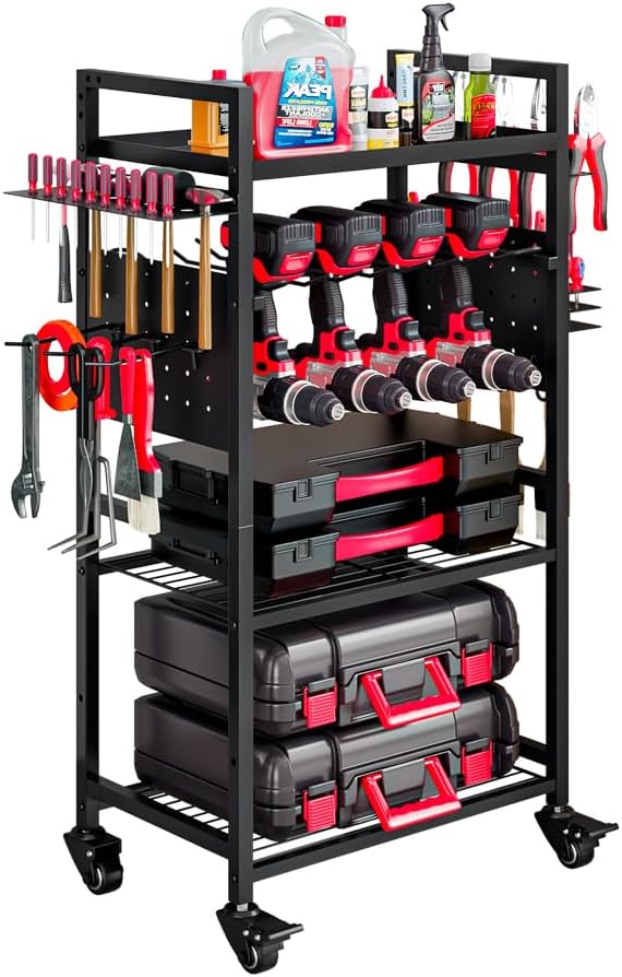 INGIORDAR Large Power Tool Organizer Cart, Garage Floor Standing Rolling Drill and Tools Battery Storage Cart on Wheels, Heavy Duty Utility Rack Shelf,Utility Rack Gift for Men, Husband, Father.