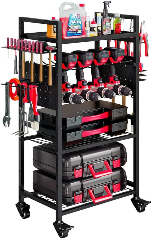 INGIORDAR Large Power Tool Organizer Cart, Garage Floor Standing Rolling Drill and Tools Battery Storage Cart on Wheels, Heavy Duty Utility Rack Shelf,Utility Rack Gift for Men, Husband, Father.