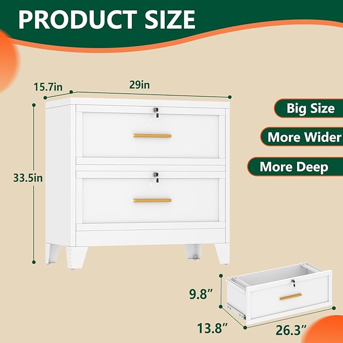 winiowa 2 Drawer File Cabinet, Metal Lateral File Cabinet with Lock, Locking Filing Cabinets for Home Office,Wide Office Storage Cabinet for Hanging Files Letter/Legal/F4/A4 Size (White, 2-Drawer)