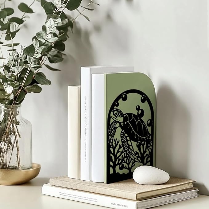 Peacoblue Metal Bookends for Shelves, Modern Decorative Heavy Duty Study Book Support Stoppers for Office, Desk, Shelf, Room 5.3"x4.3"x7.9" Cast Iron Simple Tall Bookends, 1 Pair (Sea Turtle)
