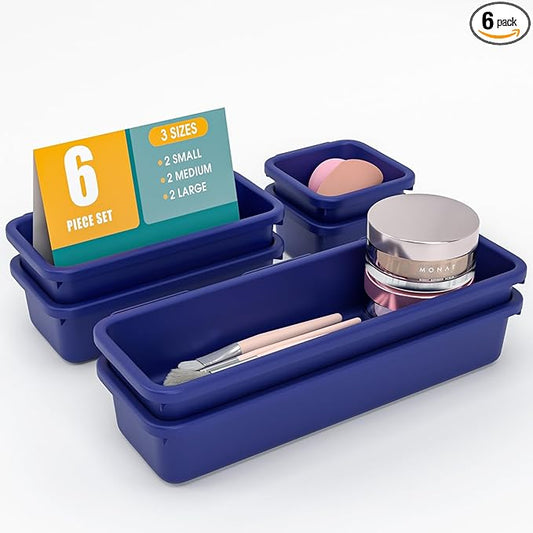 6 PCS Drawer Organizer Set, 3 Size Makeup Drawer Divider Organizer With Non-Slip Pads, Interlocking Plastic Storage Bins for Office,Jewelry Vanity,Gadgets, Bathroom,Kitchen, Navy