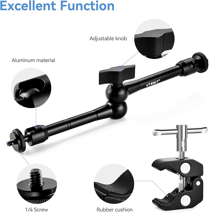 UTEBIT 11" Adjustable Magic Arm with Super Clamp, 360 Ball Heads with ARRI 1/4" & 3/8" Thread Screw for Flash/LED Light/Microphone/Monitor, Compatible with SmallRig Camera Cage, Max Load: 4.4lb/2kg