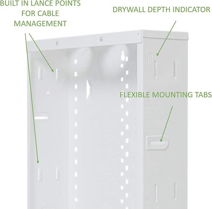 Legrand - On-Q 28-Inch Structured Wiring Enclosure with Screw-On Cover - in-Wall 20-Gauge Media Box with 2.5" Wire Pass Throughs & 2X Outlet Knockouts - Glossy White - EN2800