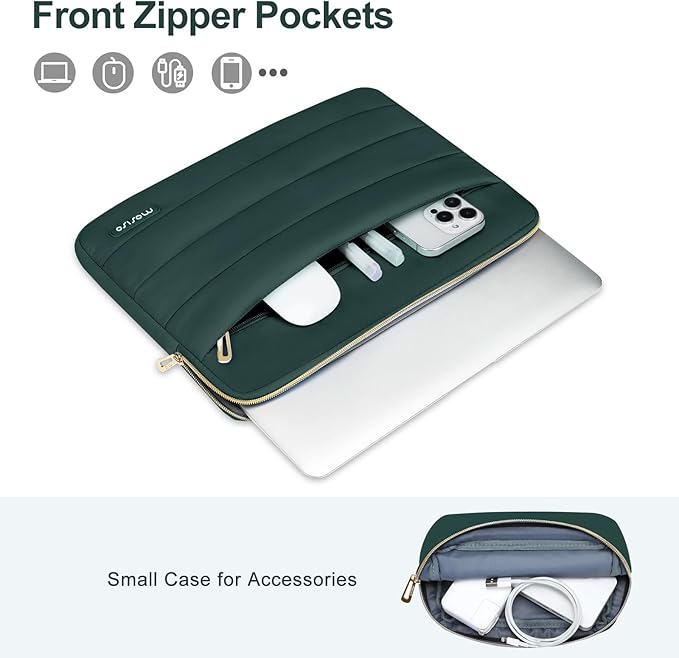 MOSISO Laptop Case 16 inch, 15-15.6 inch Puffy Laptop Sleeve Compatible with MacBook Pro 16 M5 M4 M3 M2 M1, HP Dell ASUS Acer Toshiba Lenovo, Polyester Horizontal Bag with Small Case, Peacock Green
