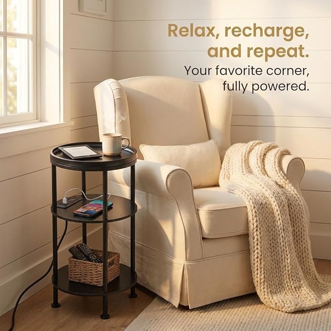Small Round Side Table with Charging Station for Small Spaces, 3-Tier Accent Table with USB Ports & Power Outlets, Sofa Corner Tea Table for Living Room Nightstand Bedroom Apartment (Black)