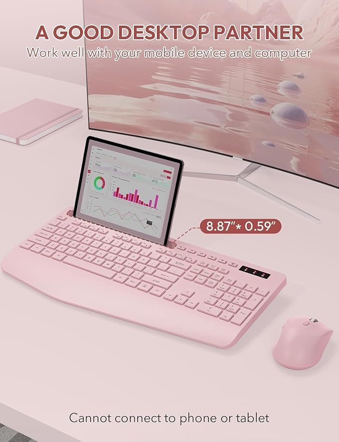 Wireless Keyboard and Mouse, Wrist Rest, Phone Holder, Batteries Included, 2.4G Lag-Free Ergonomic Keyboards Mouse Combo, KM23D Silent Keyboards Set for Computer, Laptop, PC, Windows, Pink -SABLUTE