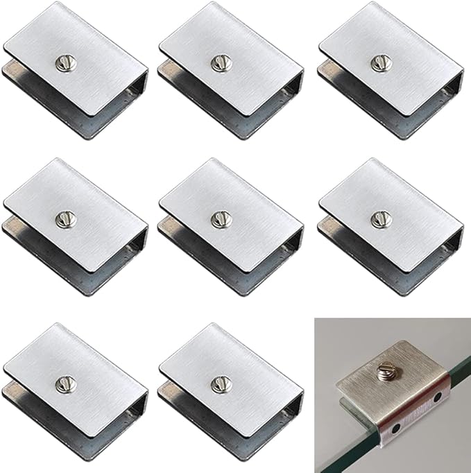 WANLIAN 8 Pcs Brushed Glass Clamp Wall Mounted Glass Shelf Brackets Floating Glass Shelf Brackets Fits 1/4 inch glass shelves (Rectangle small)