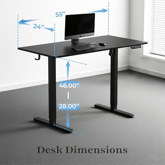 NSY Audio Electric Standing Desk 55x24 Inches - Height Adjustable, Whisper Quiet Motor, Walnut Top & Black Frame for Home Office Gaming, Focused Work, Black
