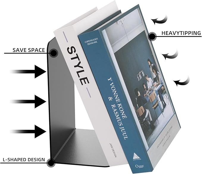 Book Ends, 8 Pieces Metal Bookend for Shelves, Bookends for Heavy Books, Book Holders for Shelves, Desk Organizers, Book Dividers for Office, School, Bookstore, Home