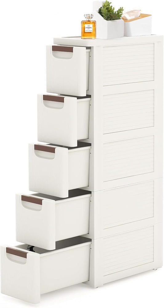 5 Drawers Slim Bathroom Storage Cabinet Dresser, Narrow Plastic Rolling Cart Organizer with Drawers, for Small Spaces, Kitchen, Laundry, Office, Bedroom, White