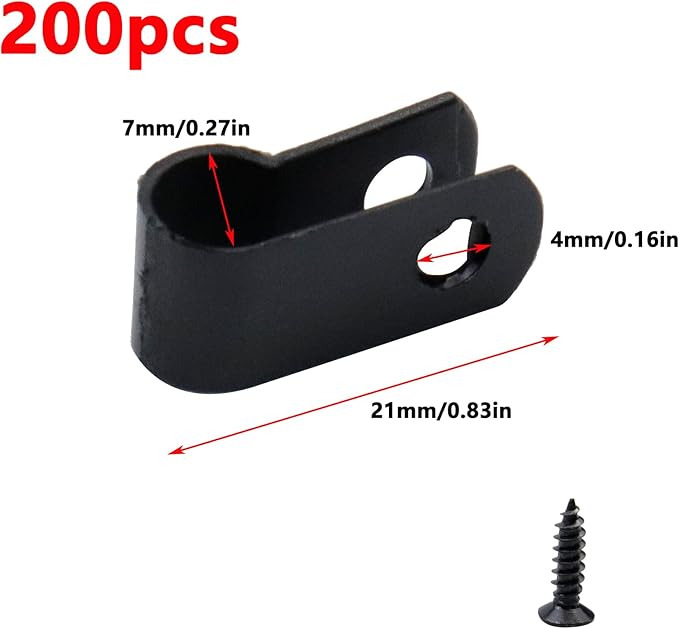 Antrader Cable Clips for Cable Management Cord Organizer,Nylon Plastic R-Type Wire Clips with Screws,1/4" Clamps Fasteners,Black,200Pcs
