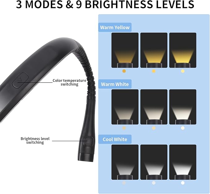Book Light, 3-Color & 9-Brightness Reading Light, Bendable Neck Light, 60-hr Lasting Rechargeable Lamp, Perfect Book Light for Reading in Bed, Knitting, Camping (Classic, 2)
