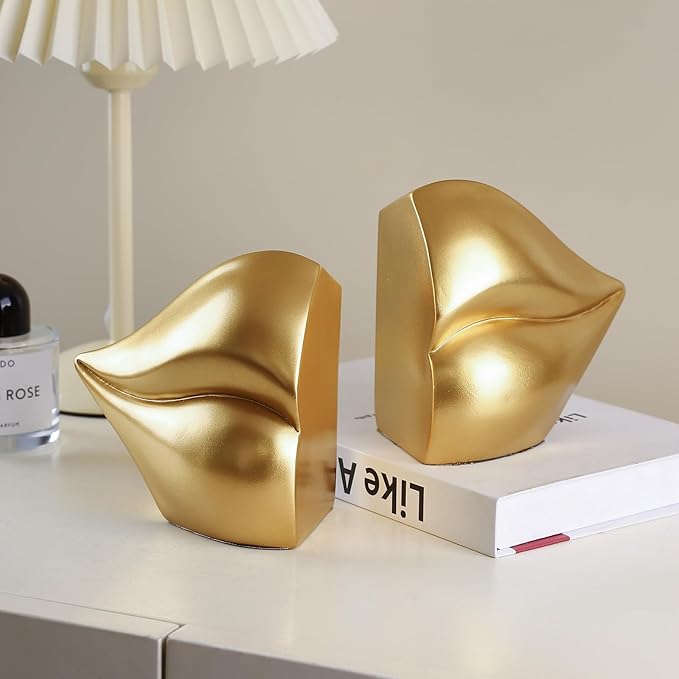 Gold Lips Decorated Bookends，Set of 2 Heavy Decorative Book Stoppers，Unique Resin Decoration，Creative Desktop Gold Decor for Study Room Hotel Office Shelves