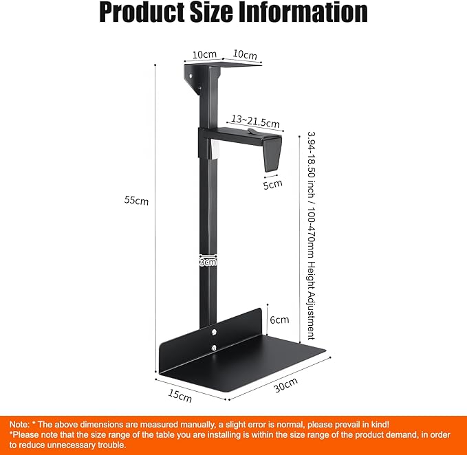 Heavy Duty Under Desk PC Mount, 66 lbs Load Capacity, Adjustable CPU Holder 100-480mm Height, Full Steel Construction, Fits Most Computer Towers, Space Saving Black Under Desk Computer Mount