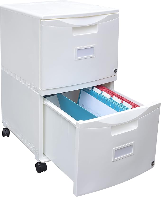 Storex Plastic Two-Drawer Mobile Pedestal File Cabinet – Locking Document Organizer with Casters for Home and Office, White, 1-Pack (61316A01C)