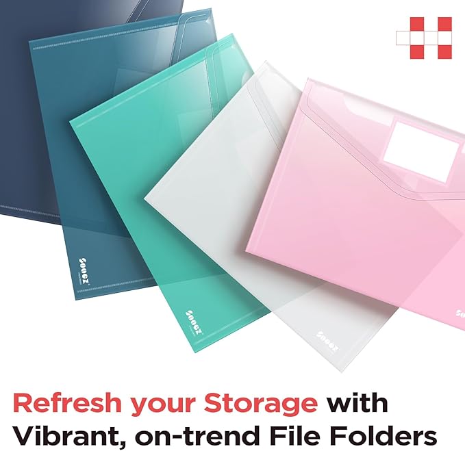 Sooez 5 Pack Plastic Envelopes, Plastic File Folders, Clear Folders for Documents Trendy Colors, Super Heavyweight Document Holders, Storage Pouches, File Envelopes for School Office Supplies