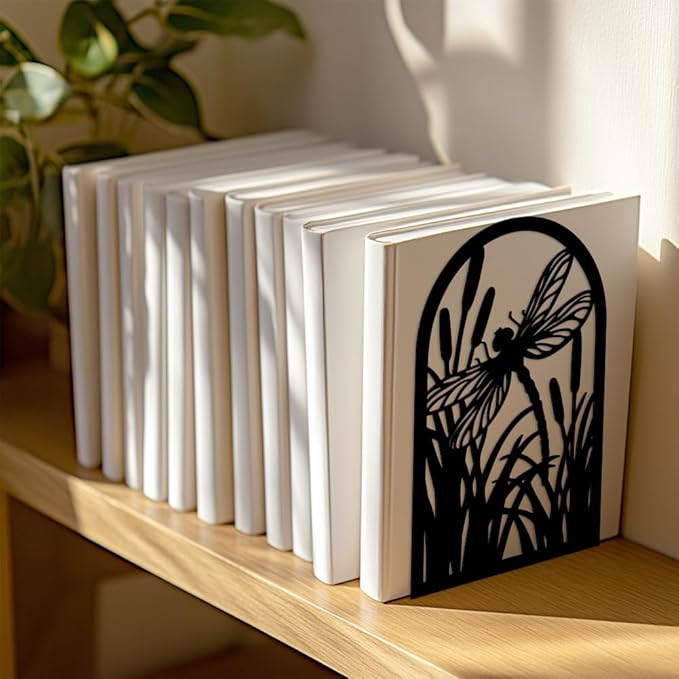 Peacoblue Metal Bookends for Shelves, Modern Decorative Heavy Duty Study Book Support Stoppers for Office, Desk, Shelf, Room 5.3"x4.3"x7.9" Cast Iron Simple Tall Bookends, 1 Pair (Dragonfly)