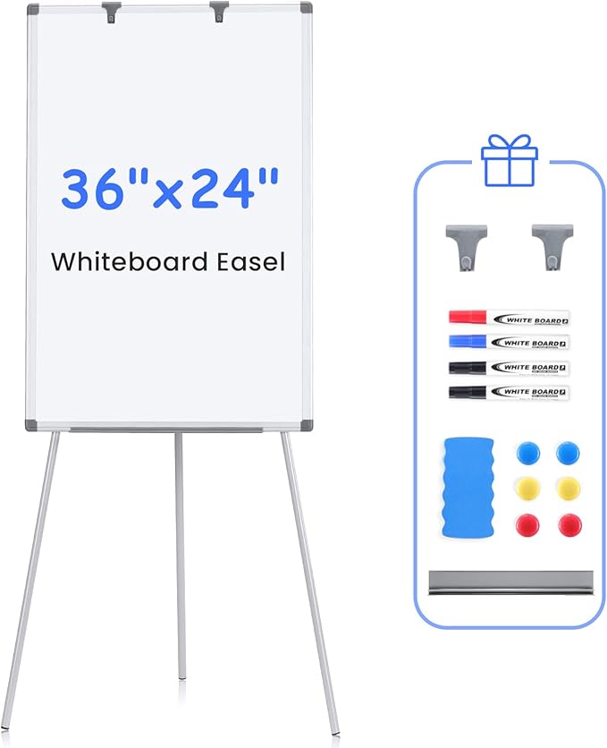 MAKELLO White Board with Stand, Portable Whiteboard Easel 3'x2' for Office Classroom Home School, Adjustable Height, Aluminum Frame, 36x24in