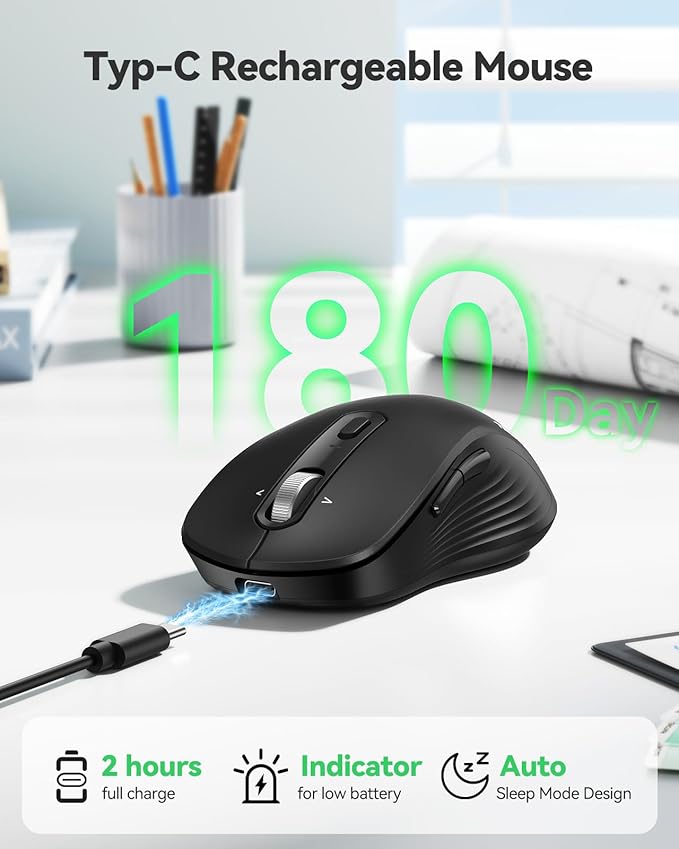 TECKNET Rechargeable Bluetooth Mouse, [ USB + BT5.0 + BT3.0 ] Wireless Mouse, Ergonomic 4-Way Scroll Wheel Computer Mice, 6-Level 4800 DPI Silent Mice, Multi-Device for Computer/Laptop/MacBook (Black)