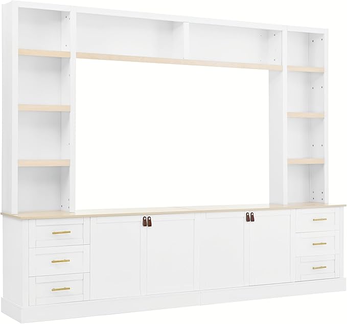 102.3"W Farmhouse 4-Piece Entertainment Center Wall Unit with Adjustable Shelves, Modern Large TV Stand with Bookshelves for TVs Up to 75", Rustic Media Console with 6 Drawers for Living Room, White