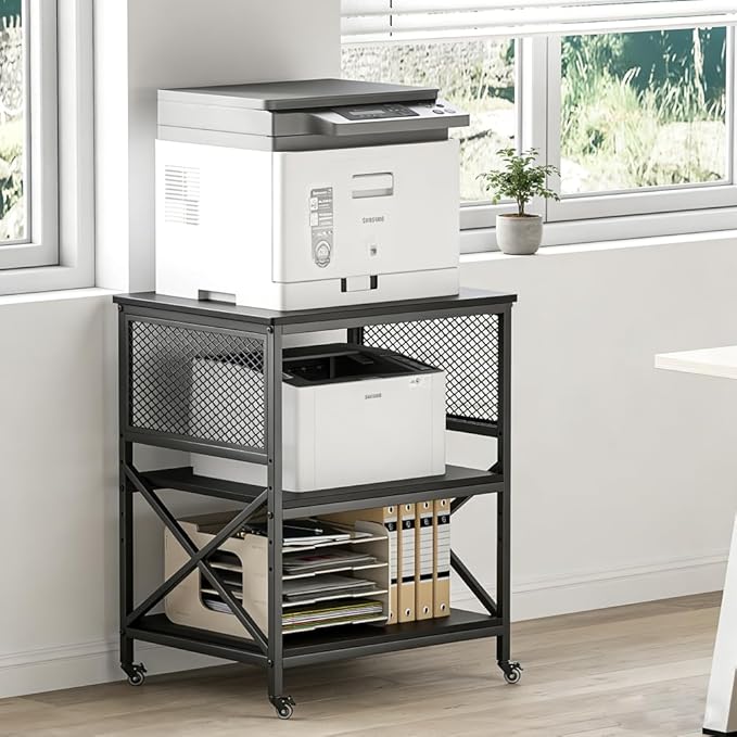 KaKaBB 3-Tier Rolling Printer Stand with Adjustable Storage Shelf, Large Mobile Office Cart with Locking Wheels, Printer Table for Home Office, 23.6 x 18.9 x 30 Inches (Black)