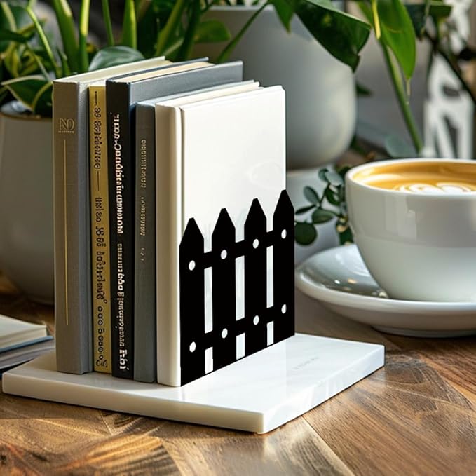 Peacoblue Metal Bookends for Shelves, Modern Decorative Heavy Duty Study Book Support Stoppers for Office, Desk, Shelf, Room 5.3"x4.3"x4.9" Cast Iron Simple Tall Bookends, 1 Pair (Farmhouse Fence)