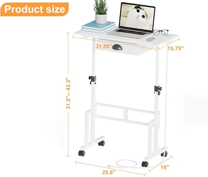 Cidaziya Small Adjustable Height Standing Desk with Storage Drawers, Rolling Sit Stand Up Desk with Wheels Charging Station, Adjustable Mobile Portable Table for Walking Pad Laptop Treadmill Computer