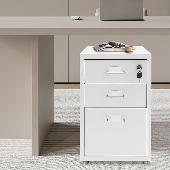 3 Drawer Mobile File Cabinet with Lock, Under Desk Rolling Filing Cabinets with Tag Jacks, Lockable Vertical File Cabinet for Home Office, Easy Assembly (White)