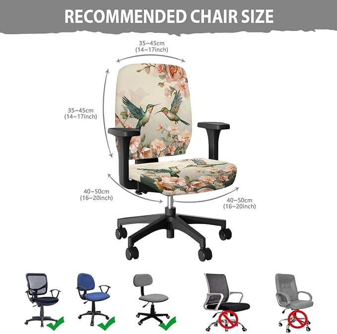 Hummingbird Flower Office Chair Covers Stretchable Computer Office Chair Seat Cover Removable Desk Accessories Floral Print Chair Slipcover Protector Universal Rotating Desk Chair Covers