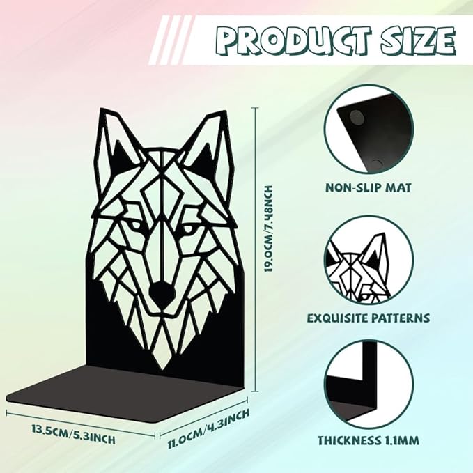 Peacoblue Metal Bookends for Shelves, Modern Decorative Heavy Duty Study Book Support Stoppers for Office, Desk, Shelf, Room 5.3"x4.3"x7.5" Cast Iron Simple Tall Bookends, 1 Pair (Geometric Wolf Head)