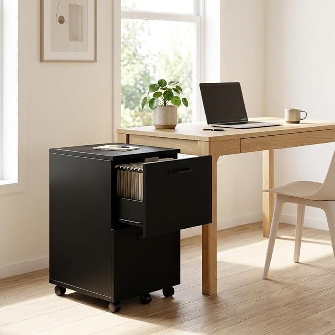 2 Drawer File Cabinet with Lockable Wheels, Rolling Filing Cabinet for Home Office, Wooden Mobile File Cabinet with Printer Stand, Under Desk Storage Organizer, Ink Black