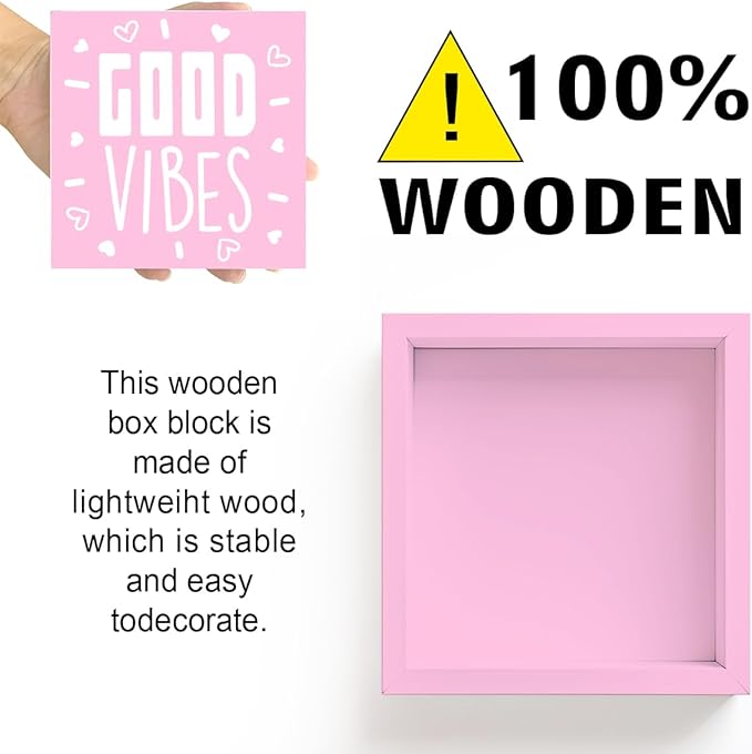 LVQHI Pink Decor For Desk, Good Vibes Sign Wood Box,Inspirational Office Desk Decor For Women, Small Motivational Home Bedroom Table Accessories Decoration Signs 5"x5"x1.2" In