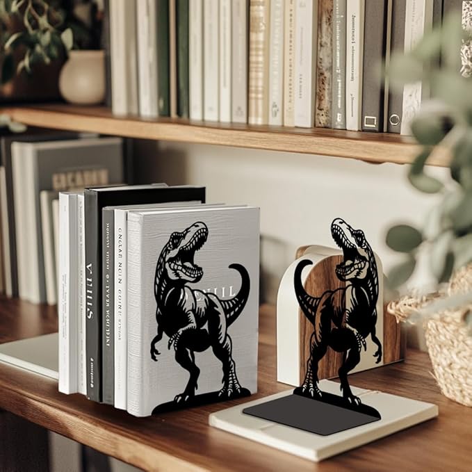 Peacoblue Metal Bookends for Shelves, Modern Decorative Heavy Duty Study Book Ends Stoppers for Office, Desk, Shelf, Room 5.3"x4.3"x7.9" Cast Iron Simple Tall Bookends 1 Pair (Tyrannosaurus Rex)
