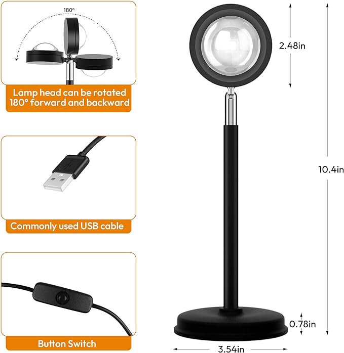 Tsrarey Sunset Lamp Projector,180 Degree Rotation Sun Projection Light Led Night Light Floor Lamp with USB Port,Sunset Lamps for Photography Party Bedroom Decor