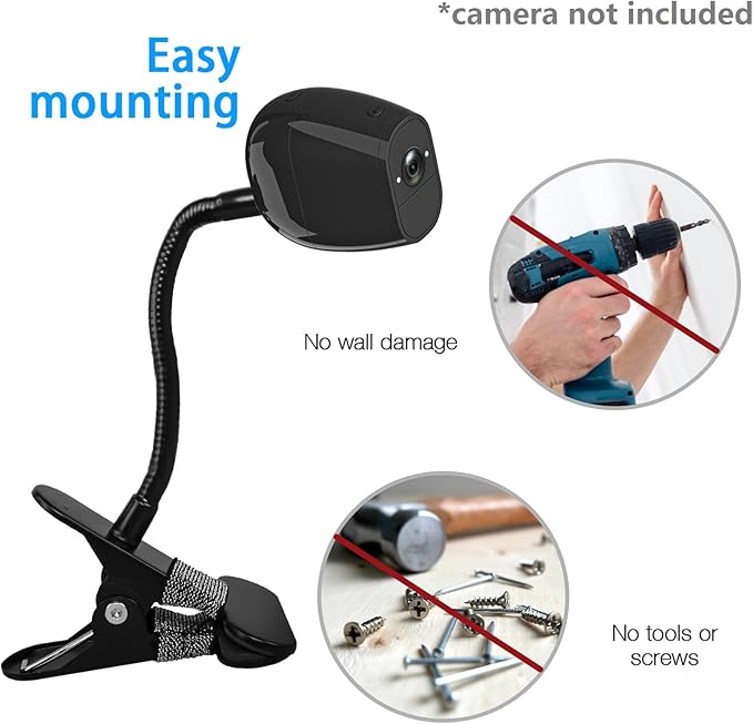 Clamp Mount for Arlo Pro 5S/Pro 4/Pro 3/Pro 2/Essential/eufy/AOSU/Reolink Camera and More 1/4'' Screw Camera (Black, 1 Pack)
