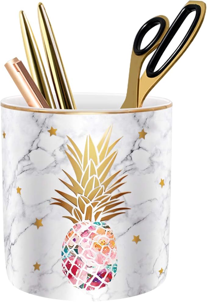 WAVEYU Cute Pen Holder for Desk, Ceramic Pencil Organizer, Makeup Brush Holder, Office Decor and Desk Accessories Durable Ceramic, Pineapple Pattern