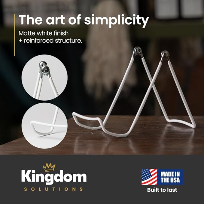 KINGDOM SOLUTIONS MADE IN USA 2-Pack Adjustable White Metal Easels - Book Stand - Sturdy Plate Stand for Art, Pictures, Books, Frames - Unique on the Market