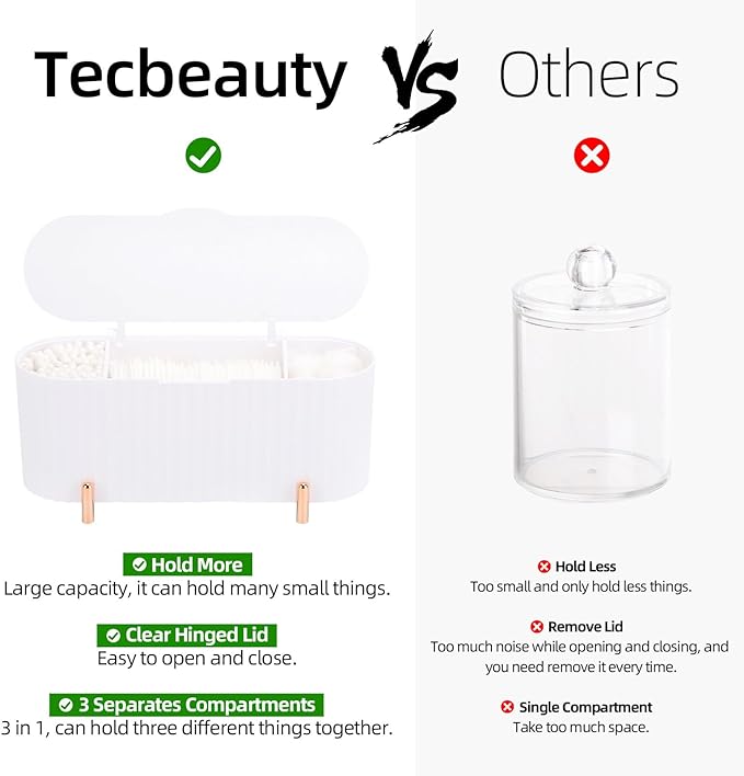 Tecbeauty Qtips Holder, 3 Grids Separate Cotton Swabs Ball Dispenser, Storage Box, Jar for Cotton Pads Bathroom Organizer Canisters - White