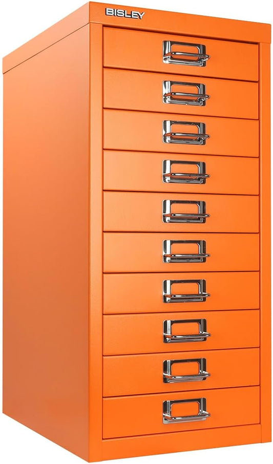 10-Drawer Steel MultiDrawer Cabinet - Bisley Orange, Chrome Pull Handles with Label Holders, Powder-Coated Steel, Removable Drawers, Fits Under Most Desks, Labels Included by Bisley