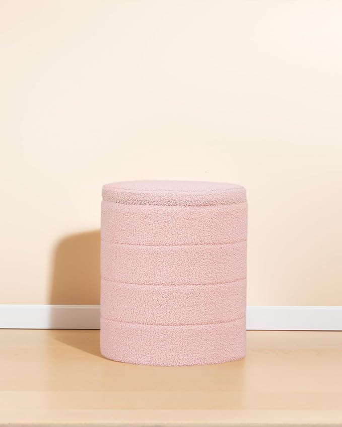 Round Boucle Storage Ottoman, Sherpa Teddy Fabric Ottoman Footstool with Reversible Tray Lid, Folding Footrest with Storage for Living Room, Bedroom, Dorm, Pink, 14.6" x 14.6" x 17.7"