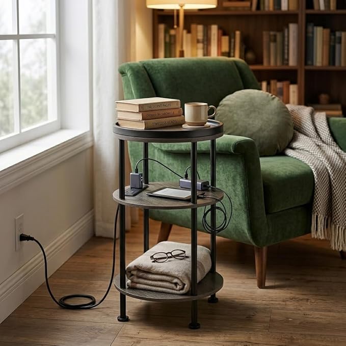 Small Round Side Table with Charging Station for Small Spaces, 3-Tier Accent Table with USB Ports & Power Outlets, Sofa Corner Tea Table for Living Room Nightstand Bedroom Apartment (Grey)