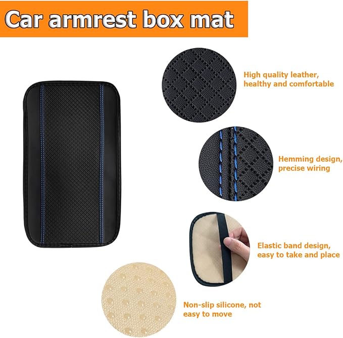 8sanlione Car Armrest Storage Box Mat, Fiber Leather Car Center Console Cover, Car Armrest Seat Box Cover Accessories Interior Protection for Most Vehicle, SUV, Truck, Car (Black/Blue)