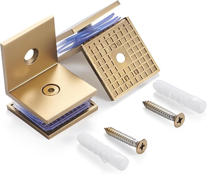 Ranbo Square Frameless Glass Clamp Connector for Shower Door Fixed Panel, Wall-to-Glass Corner, 304 Stainless Steel, 5/16" - 1/2" (8-12 mm) Thickness, 2 PC, Gold