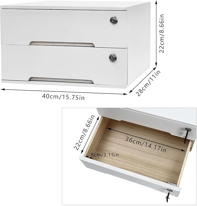 Wooden Desk Organizer with Drawers & Lock, Desktop Countertop Storage Cabinet Lockable Home Office Supplies File Tabletop Organizing Unit (2 Drawer - Modern White)