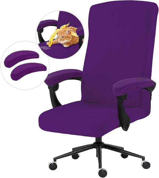 Stretch Computer Office Chair Cover with Armrest Covers Durable Zipper Universal Washable Removable Spandex Rotating Boss Chair Slipcovers Anti-dust Soft Desk Chair Seat Protector (Purple)