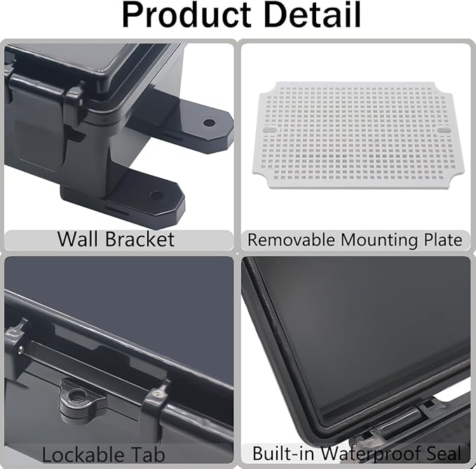 Junction Box, Hinged Black Cover IP67 Waterproof ABS Project Box with Mounting Plate Electrical Box Enclosure with Wall Bracket 7.1 x 5.1 x 3.5inch(180x130x90mm)