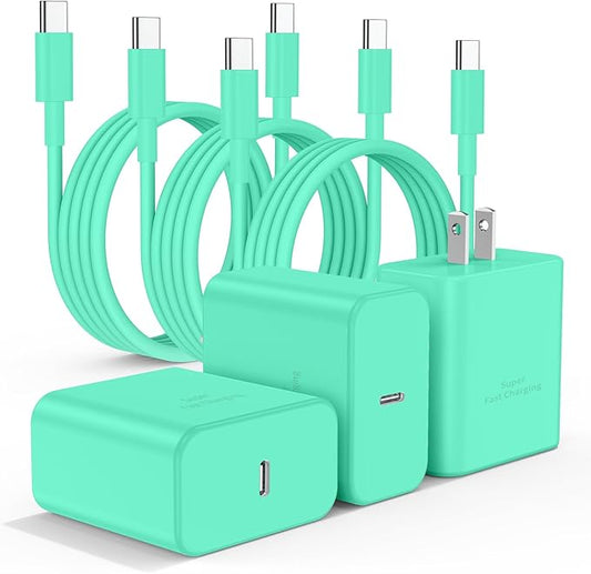 3Pack USB C Charger for Samsung Galaxy S24 Ultra, Super Quite Fast Charging Type C Block with 6FT C to C Cord for Samsung Galaxy Tab S9 S8 S23 Ultra S22 Ultra S23 S22 S21 Note 10 Plus 20,Green