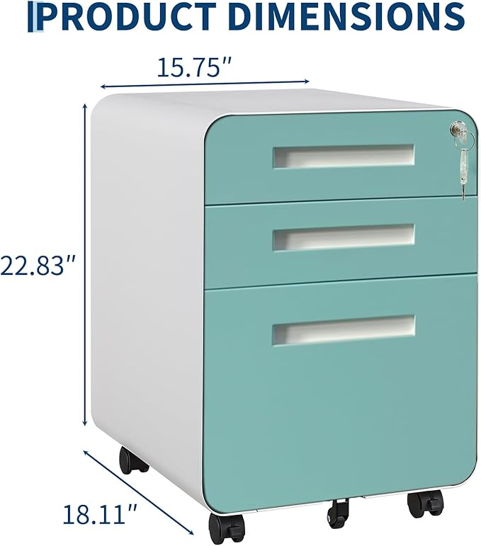 3 Drawer Mobile File Cabinet with Lock, Under Desk Metal Filing Cabinets with Wheels for Home Office Organizer Letters/Legal/A4, Fully Assembled
