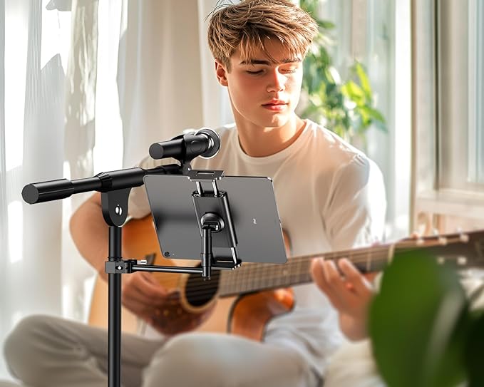 elitehood Aluminum iPad Holder for Mic Stand, Side Mount iPad Music Stand Holder for Microphone, 360° Swivel Tilt Adjustable Mic Tablet Mount for 4-13in iPhone, Cell Phones and Tablets